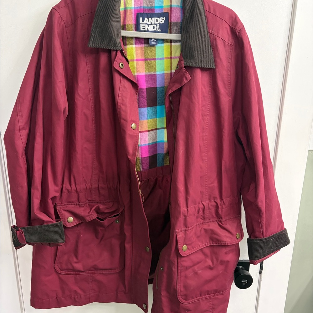 Lands' End Burgundy Chore Jacket with Plaid Interior